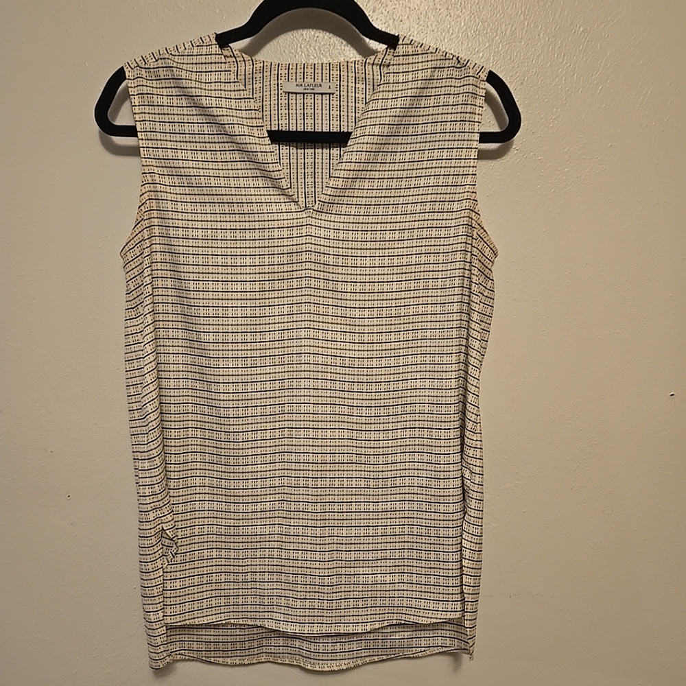 MM LaFleur Sleeveless Business Casual Dress Top Blouse White Black Pattern S